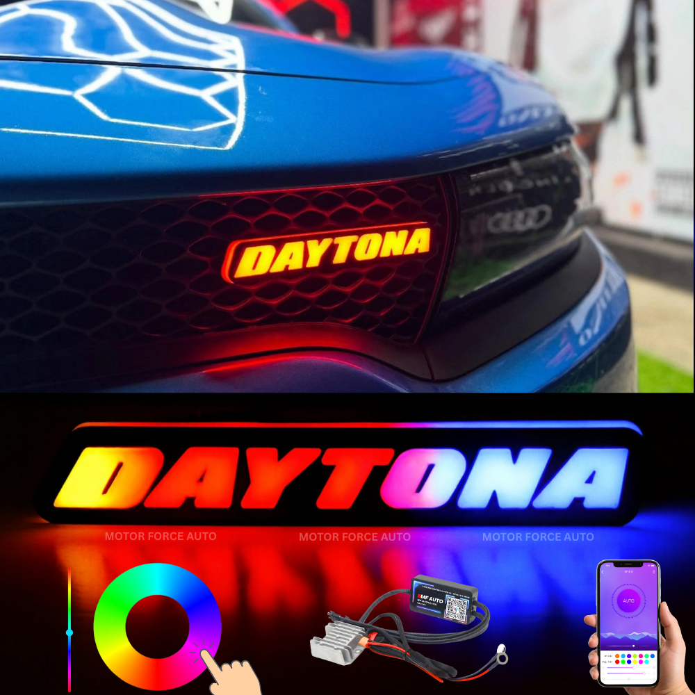Flow Series RGBW LED Daytona Emblem Badge for Dodge Charger and Grille with dynamic lighting and bold styling.