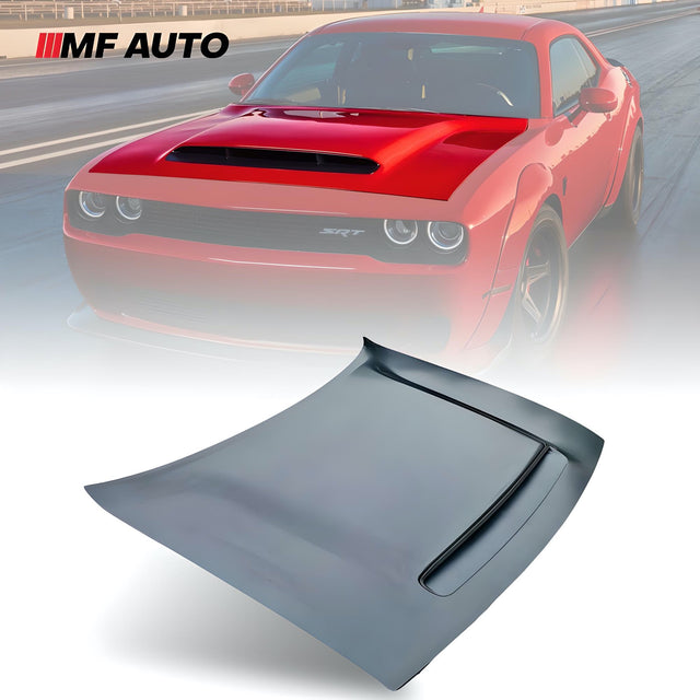 2008-2023 Dodge Challenger Demon Style Aluminum Hood with aggressive air vents, crafted from aerospace-grade aluminum for durability and bold styling.