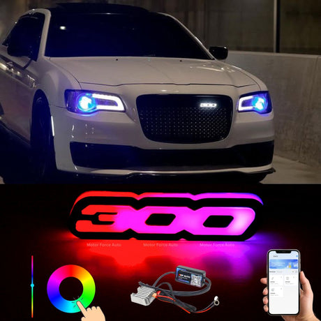 Flow Series RGBW LED SRT Hellcat Emblem for Chryslerand Challenger with dynamic lighting and bold styling.