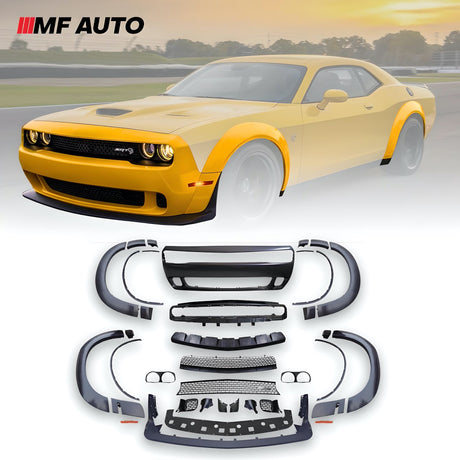 2008-2014 Dodge Challenger Demon Style Wide Body Kit with front bumper, flares, and lip for aggressive styling and enhanced performance.