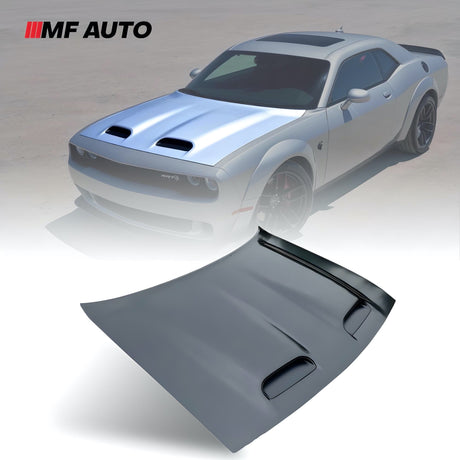 2008-2023 Dodge Challenger SRT Hellcat Redeye Style Dual Snorkel Aluminum Hood with aggressive design and enhanced durability.