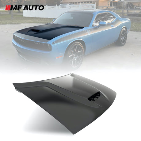 2008-2023 Dodge Challenger SRT Style Aluminum Hood with air vented bezel for bold design, lightweight durability, and customizable finish.