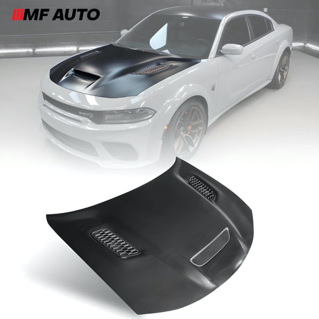 2015-2023 Dodge Charger SRT Redeye Style Aluminum Hood with air vent scoops for aggressive styling and enhanced performance.