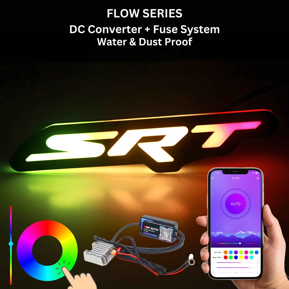 Flow Series RGBW LED SRT Emblem for Chrysler 300, featuring bold design and customizable lighting patterns.