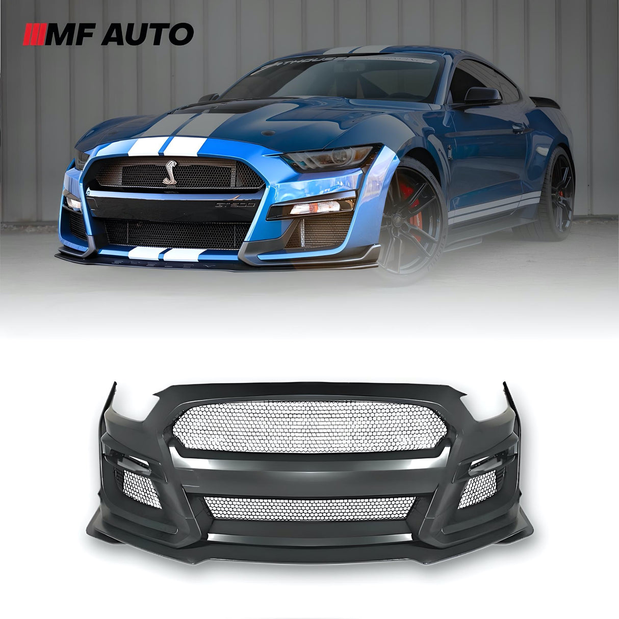 2015-2017 Ford Mustang GT500 Style Front Bumper with grille and lip for aggressive styling and enhanced performance.