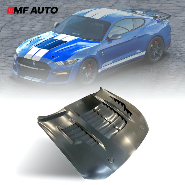 2018-2023 Ford Mustang GT500 KR Style Aluminum Hood with air vent scoops for aggressive styling and enhanced performance.