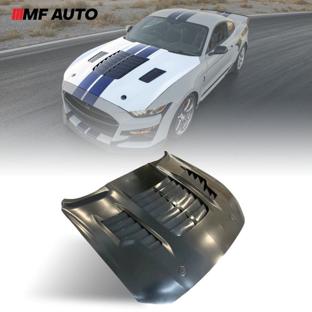 2015-2017 Ford Mustang GT500 KR Style Aluminum Hood with air vent scoops for aggressive styling and enhanced performance.