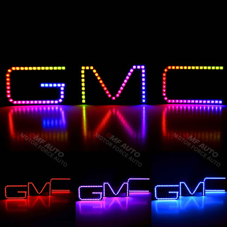 Front view of the 2007-2024 GMC Sierra RGBW LED Emblem with vibrant Flow Series lighting effects.