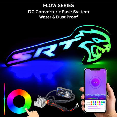 Flow Series RGBW LED SRT Hellcat Emblem for Chrysler 300 with customizable lighting and sleek smoked finish.