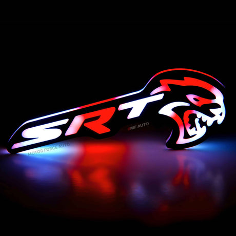 Flow Series RGBW LED SRT Hellcat Emblem for Jeep models with weather-resistant design and Bluetooth control.