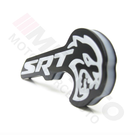 Flow Series RGBW LED SRT Hellcat Emblem with sleek smoked black finish for enhanced aesthetics.